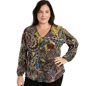 Chicos Womens Top Blouse Paisley Multicolor V Neck Long Sleeve‎ New Size Large